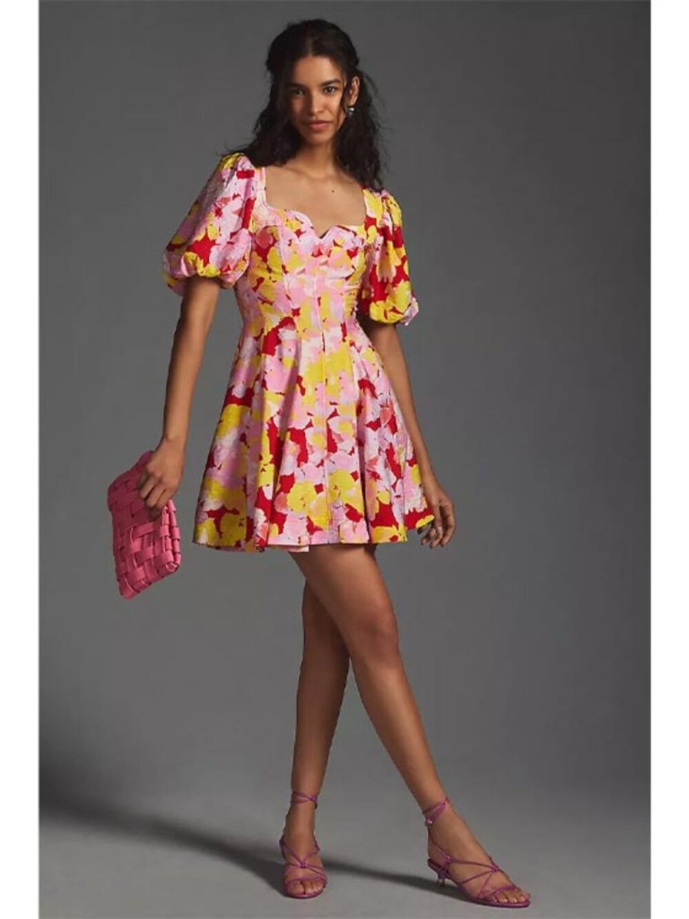 Anthropologie Puff-Sleeve Sweetheart Dress Floral Pink & Red, NWT - Women's Size